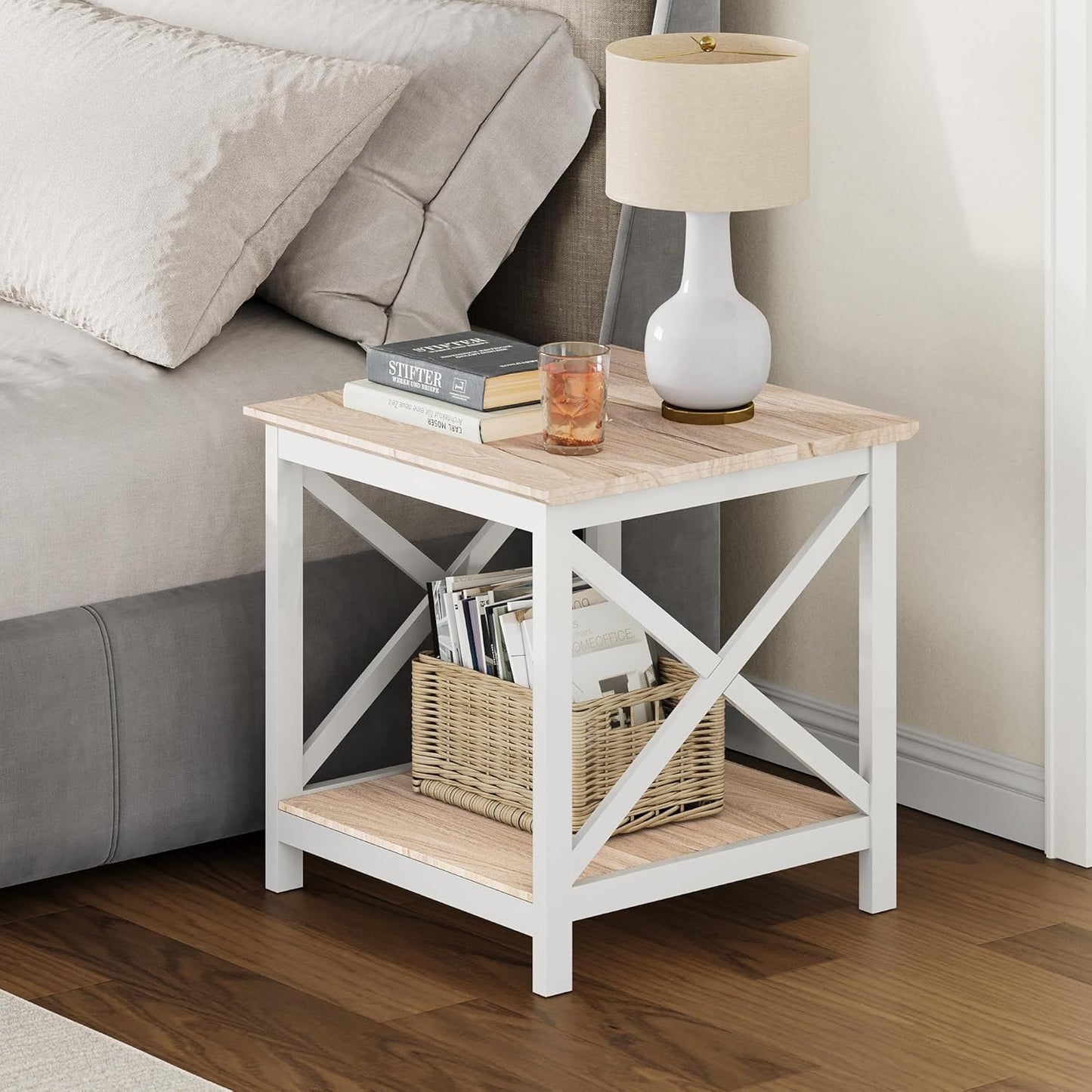 ChooChoo End Table, 24 Inch End Table with 2-Tier Storage Shelf, Side Table for Living Room, Wood Nightstand for Bedroom, Office, Oak