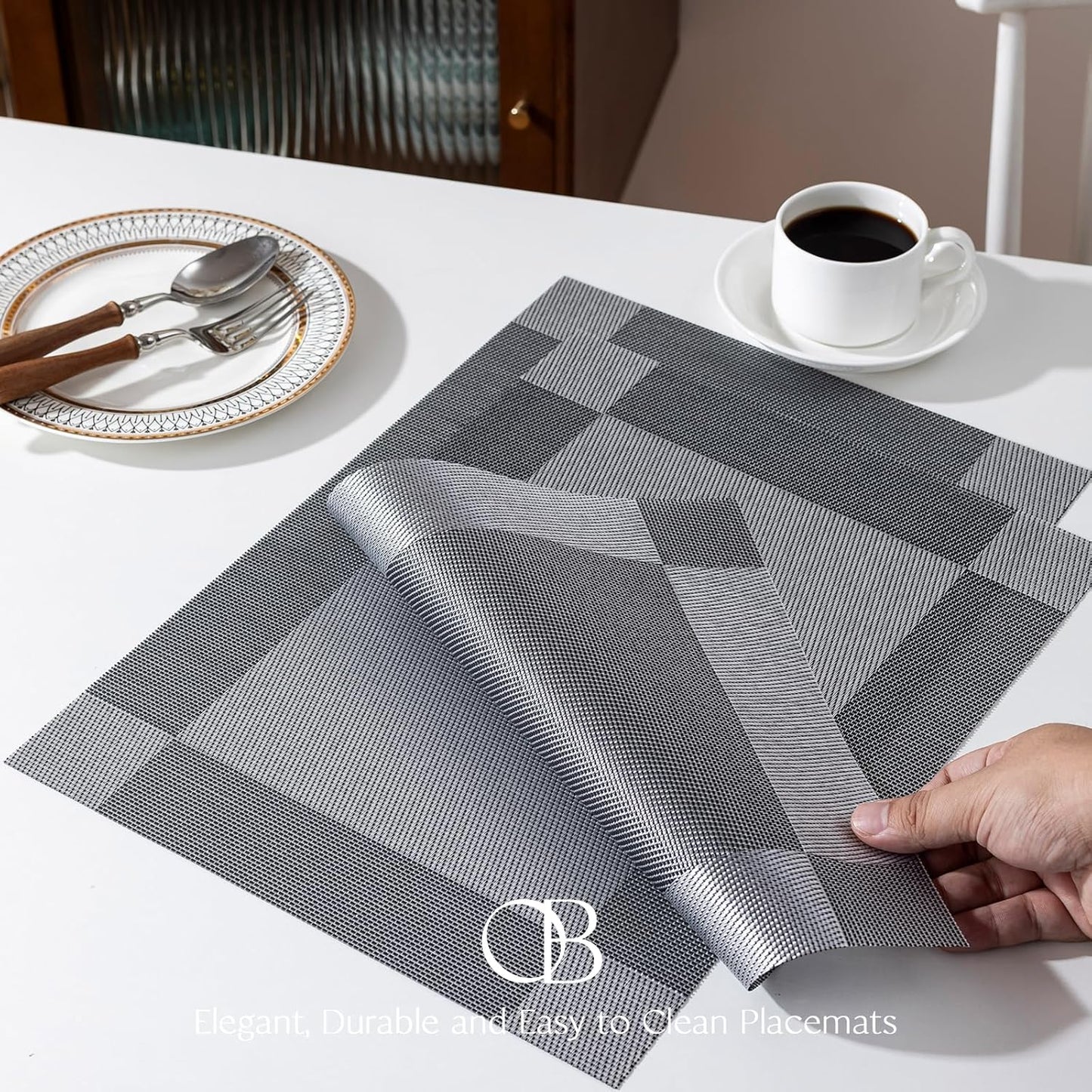 Placemats Set of 6 - Easy Clean Woven Vinyl Placemats for Dining Table, Indoor/Outdoor Place Mats, Washable PVC Table Mats （Silver Cube）