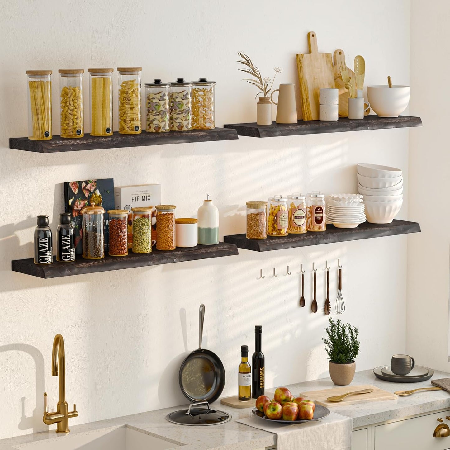 Floating Shelves for Wall, 32 Inch Floating Shelves Wall Mounted, Rustic Live Edge Elm Wood Floating Shelf for Home Decor, Heavy-Duty Storage Shelves for Books, Bathroom, Kitchen (Walnut, Set of 2)