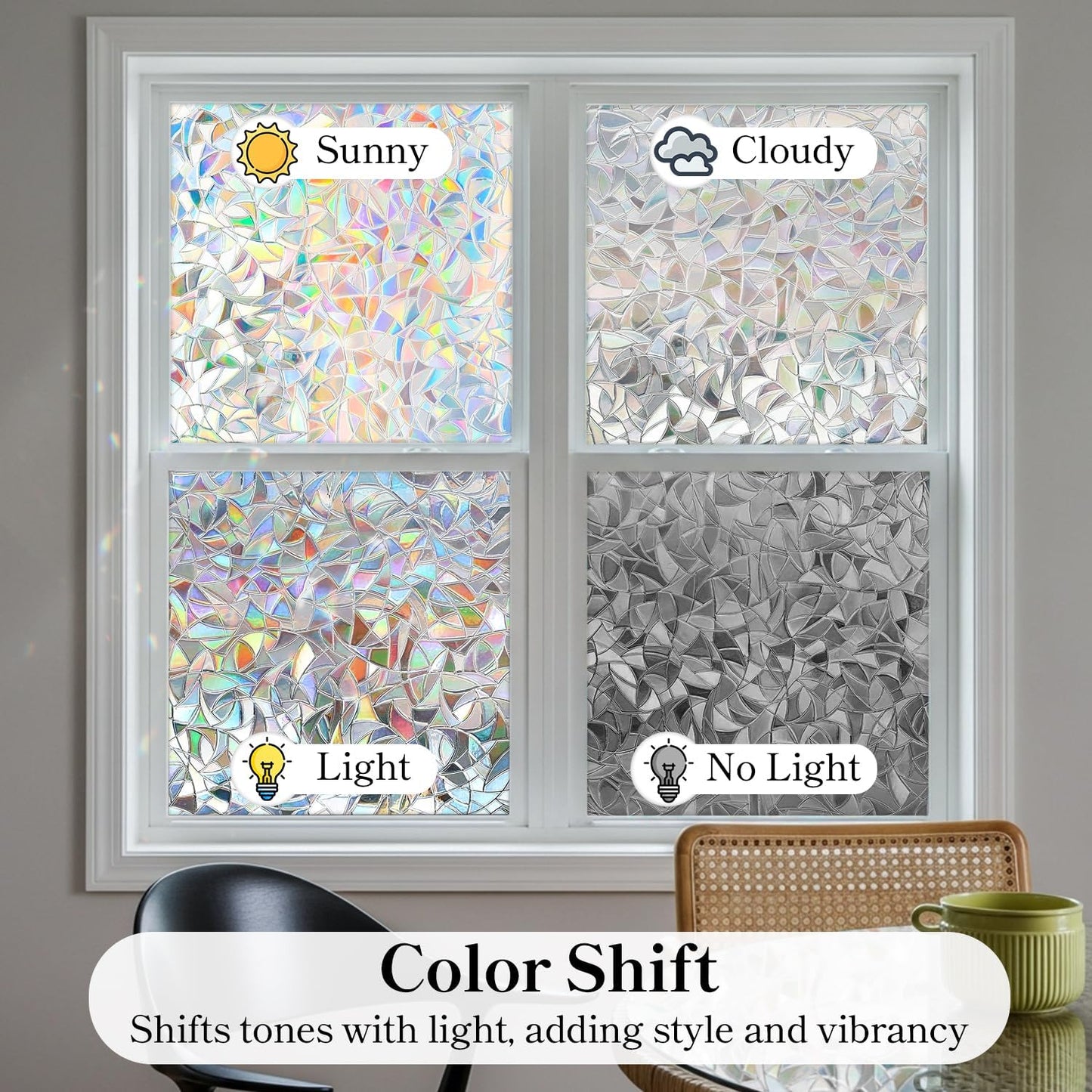 DUOFIRE Rainbow Window Clings for Glass, Stained Glass Window Film Decorative, 3D Decals Windows Cover, Suncatcher Static Cling Sticker Windows for Home,11.8 x 47 inch