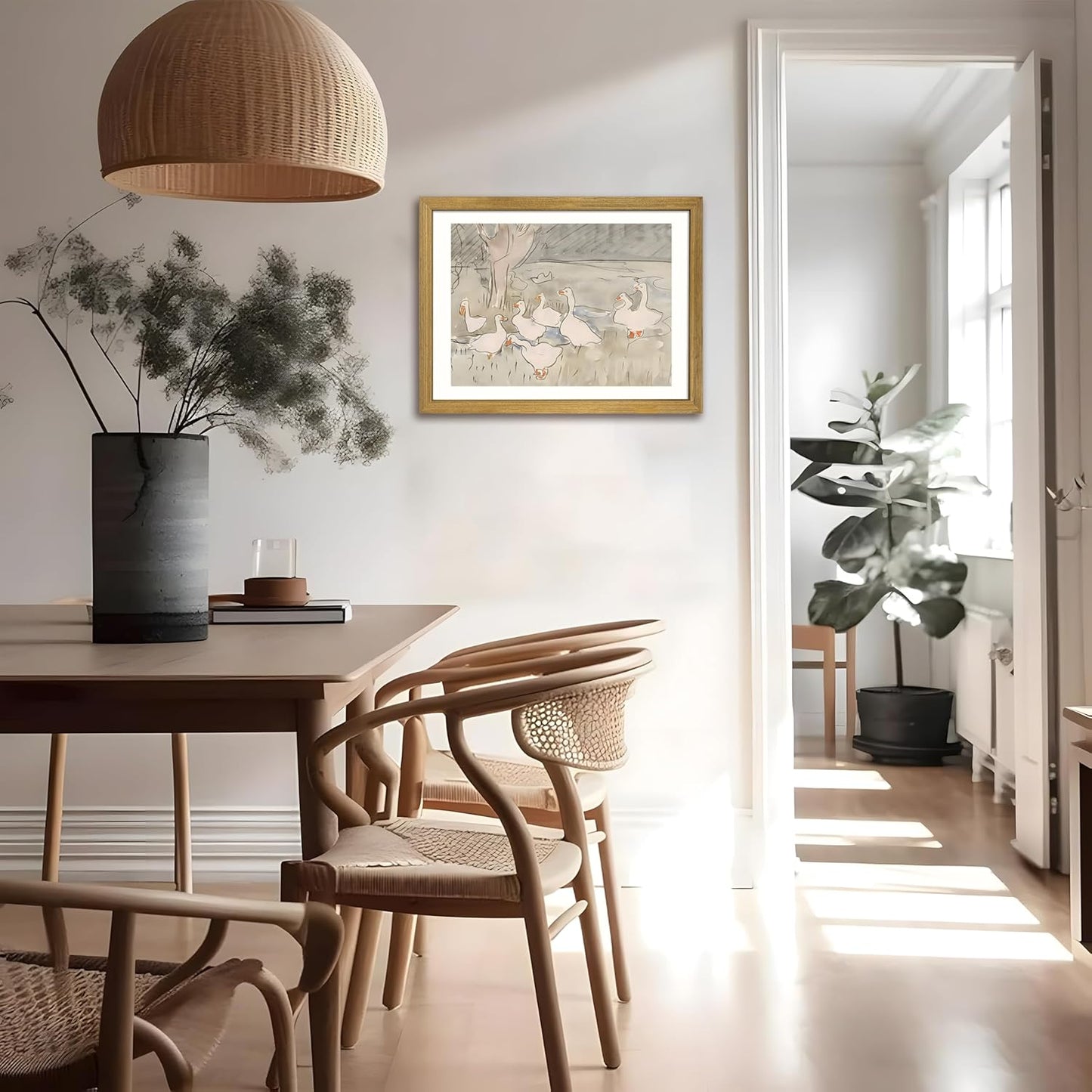 Vintage Framed Goose Wall Art Watercolor Print, Rustic Farm Duck Decor Canvas Painting, Minimalist Pastoral Poster Picture, Country Cottage Wall Decor for Living Room Kitchen Bathroom Bedroom 12x16 in