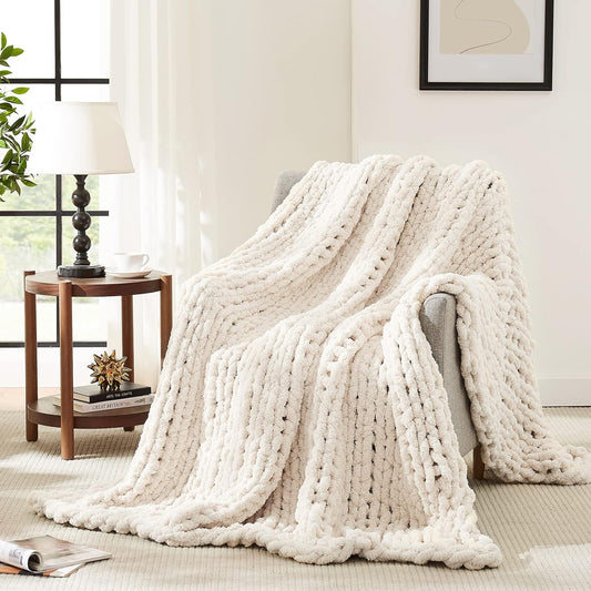 L'AGRATY Chunky Knit Blanket - Soft Chenille Yarn Throws 40x50: Handmade Thick Cable Crochet Blanket - Large Chunky Yarn Rope Knot Throw for Couch, Sofa, Bed Home Decor