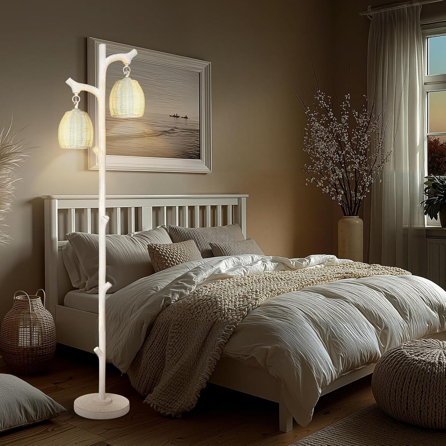 Scenekoy Rustic 68” Tall Floor Lamp with Rattan Shade, Retro Standing Lamp Tree Trunk Washed White Finish & Resin Body, Dimmable Corner Lamp with Bulb Prefer for Living Room Bedroom Home Decor