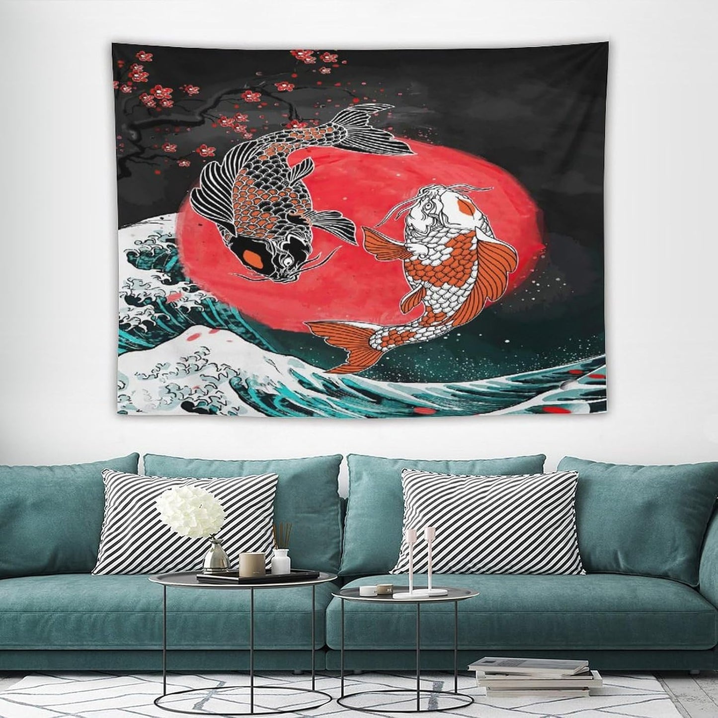 Houselerax Koi Fish Tapestries,Japanese Style Yin Yang Big Wave Cherry Blossoms Tapestry Wall Hanging for Bedroom Living Room Office Decor 80"x60"