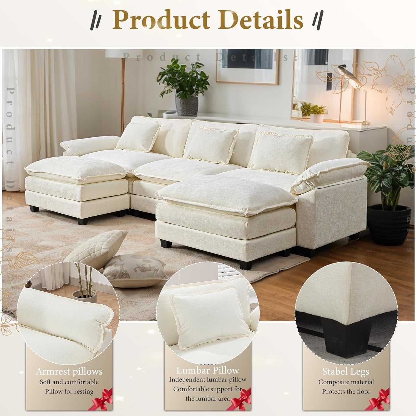 URRED Modular Sectional Sofa Comfy Cloud Couch, Modern Chenille Sofa Sleeper Deep Seat Couches with Ottoman/Pillows for Living Room (White, 117'' - U Shape)