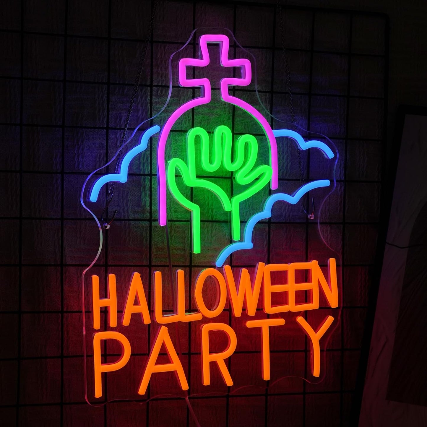 Halloween Party Neon Sign USB Powered Gothic Tombstone Light up Sign Dimmable Halloween Ghost Hand Neon Light Wall Decor for Halloween Party Bedroom Bar Man Cave Spooky House