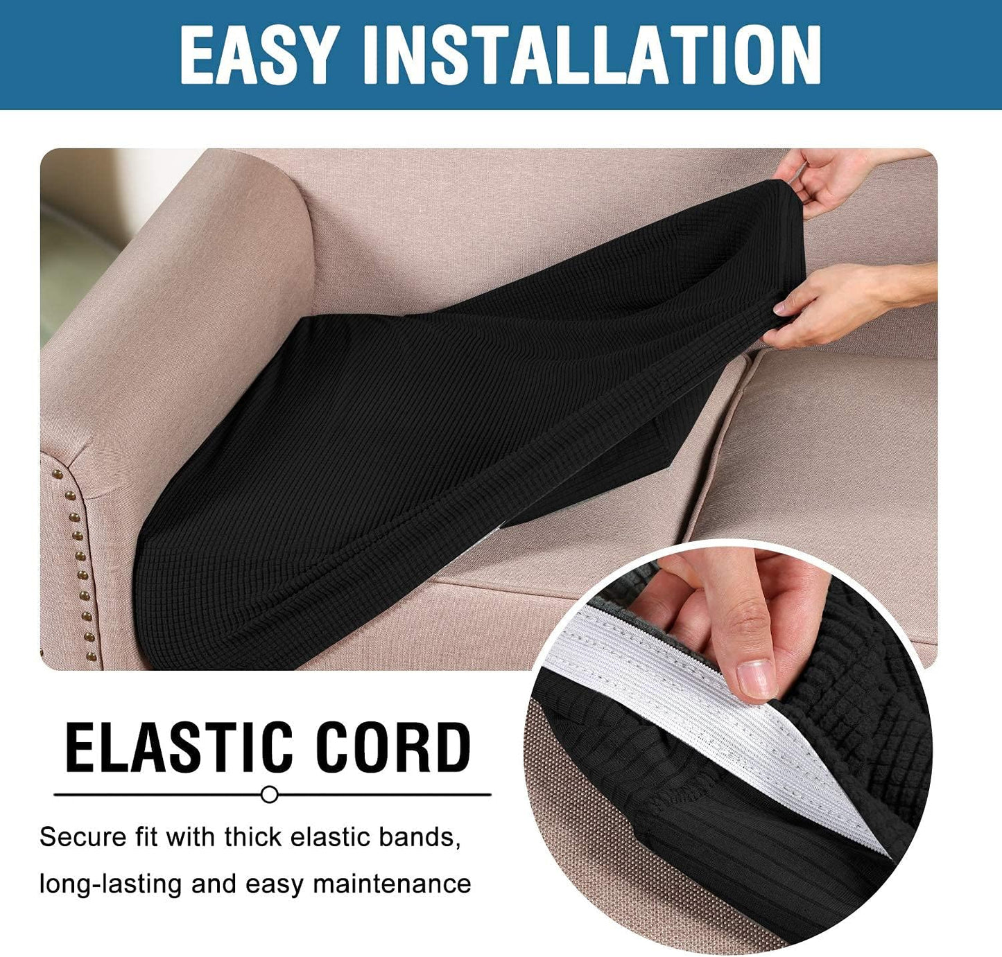 H.VERSAILTEX Super Stretch Individual Seat Cushion Covers Sofa Covers Couch Cushion Covers Slipcover Sets Thick Jacquard Textured Twill Fabric (2 Piece Large Sofa Cushion Covers, Black)