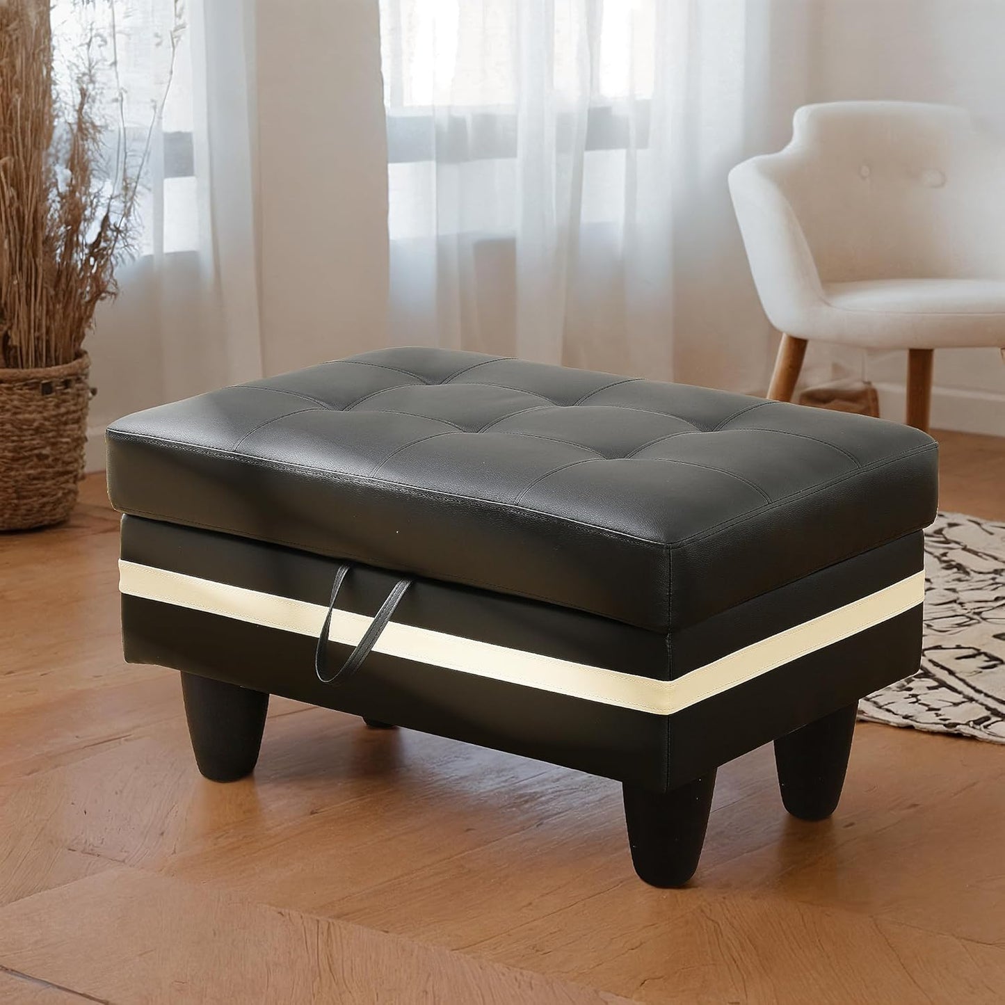 Ottoman Rectangular Storage Ottoman Bench, Faux Leather Footrest, Coffee Table, Stool Footstool with Hinged Lid for Living Room, Bedroom, Entryway, Black with White Strip, 35"x23.5"x17.5"