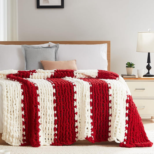 L'AGRATY Chunky Knit Blanket Throw - Soft Chunky Throw Blanket 30x40: 100% Hand Kintted Chenile Crochet Throw Blanket for Couch - Large Cable Knit Chunky Blanket for Home Decor(Red and White)