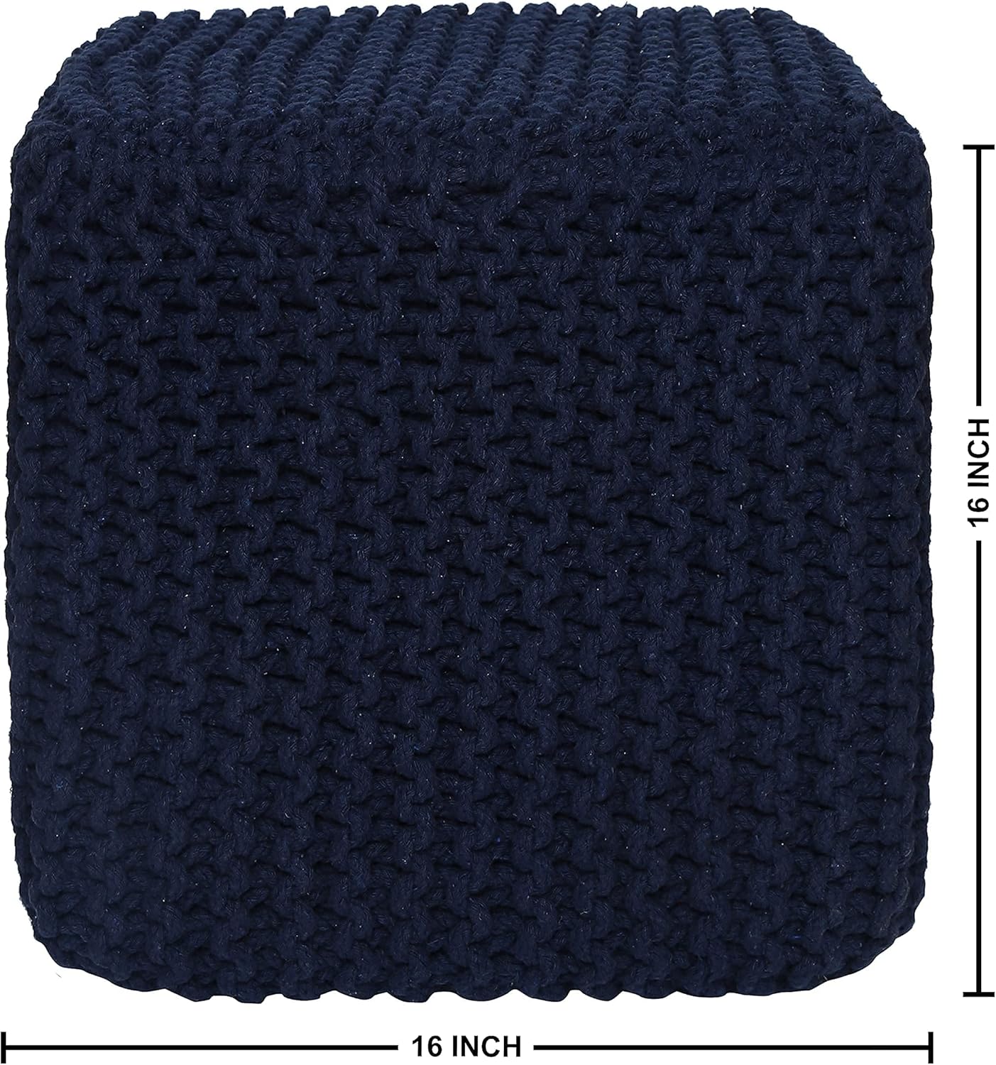 REDEARTH Square Hand Knitted Pouf - Foot Stool Ottoman Coffee Table - Cotton Cord Boho Pouffe - Poof Accent Footrest for Living Room - Bedroom - Library (16" x 16" x 16") - Navy Blue