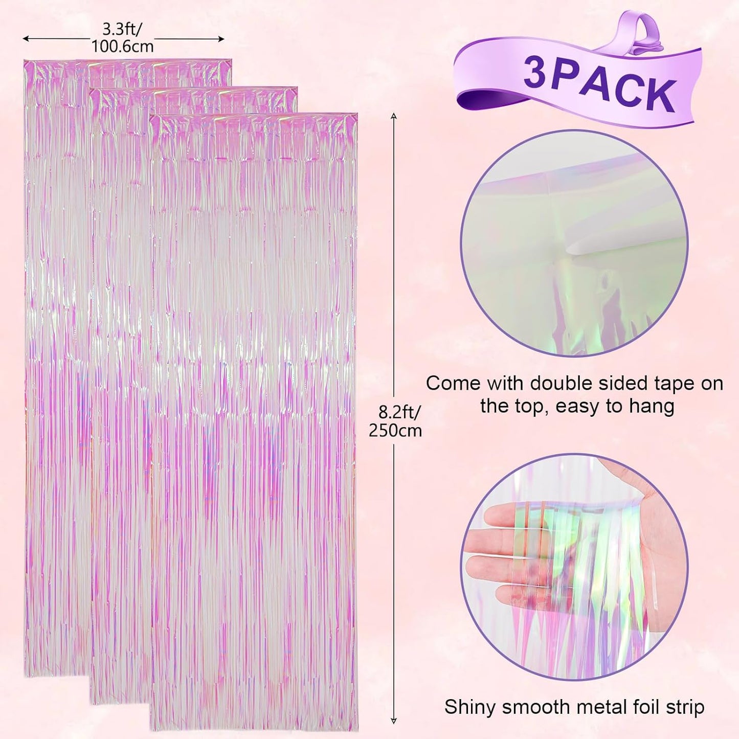 3 Pack 3.3x8.2 Feet Iridescent Transparent Foil Fringe Backdrop Curtains, Tinsel Streamers Birthday Party Decorations, Fringe Backdrop for Graduation Baby Shower Gender Reveal Disco Party