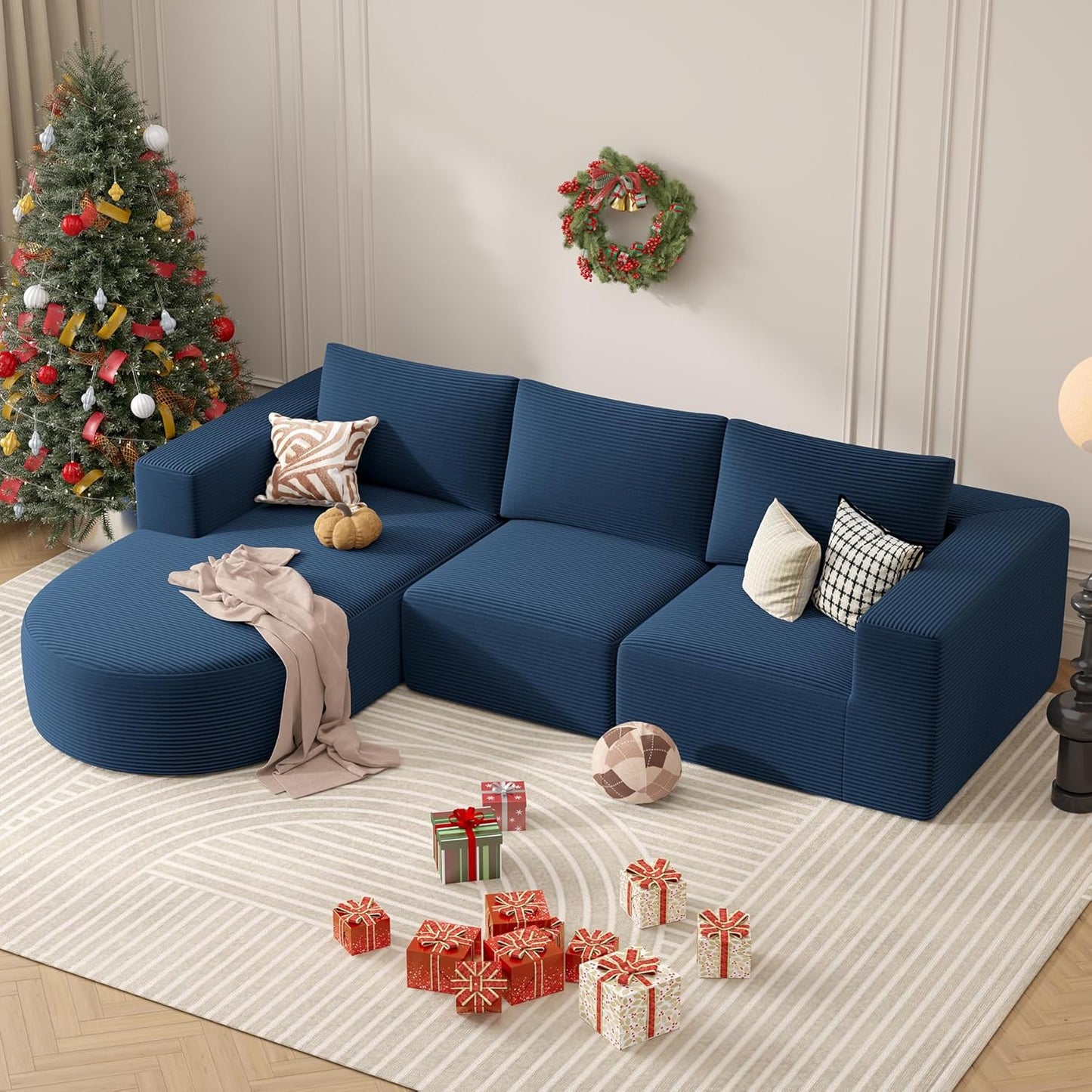 Modular Sectional Sofa with L-Shape Chaise,Cloud Sectional Modern Sleeper Couch with Deep Seat,Sponge Compression Sofas No Assembly Required (Blue-Corduroy Fabric) 1PCS