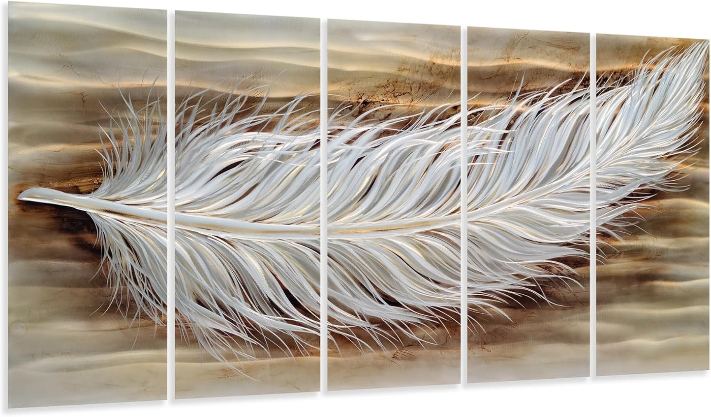 Yihui Arts Rustic Metal Wall Art - Feather 3D Aluminum Still Life Sculpture for Living Room or Farmhouse Bedroom Decor