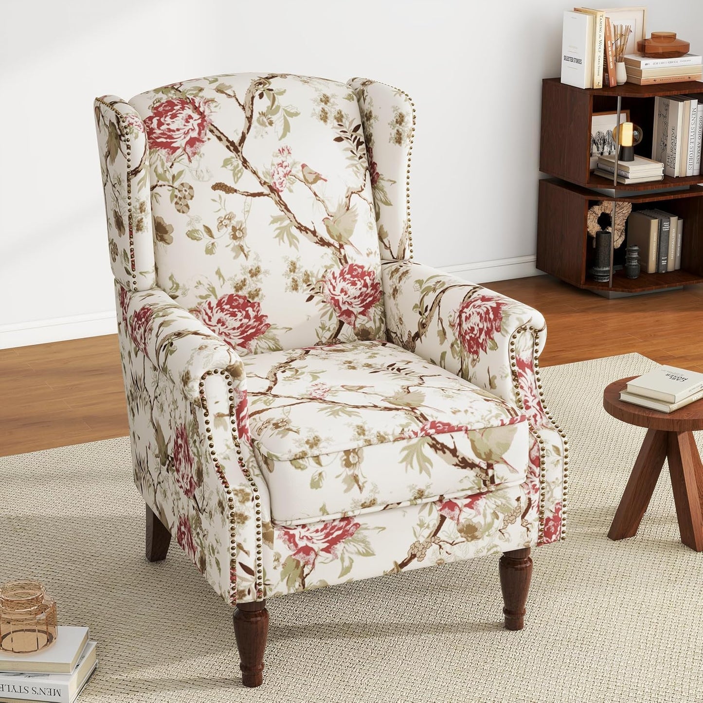 UIXE High Back Accent Chair, Fabric Upholstered Armchair for Living Room, Retro Wingback Arm Chair with Solid Wood Legs, Nailhead Trim Single Sofa Bedroom Reading Seat - Beige Floral