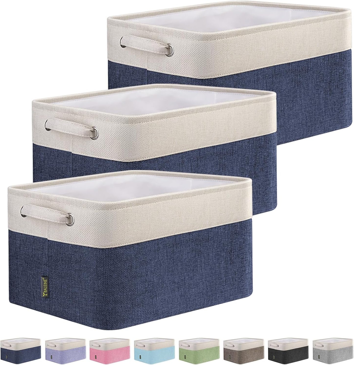 BALEINE 3 Pack Fabric Storage Bins for Shelves, Linen Storage Baskets for Organizing, Decorative Closet Bins for Clothes, Home (Navy Blue, 12"x8"x8")