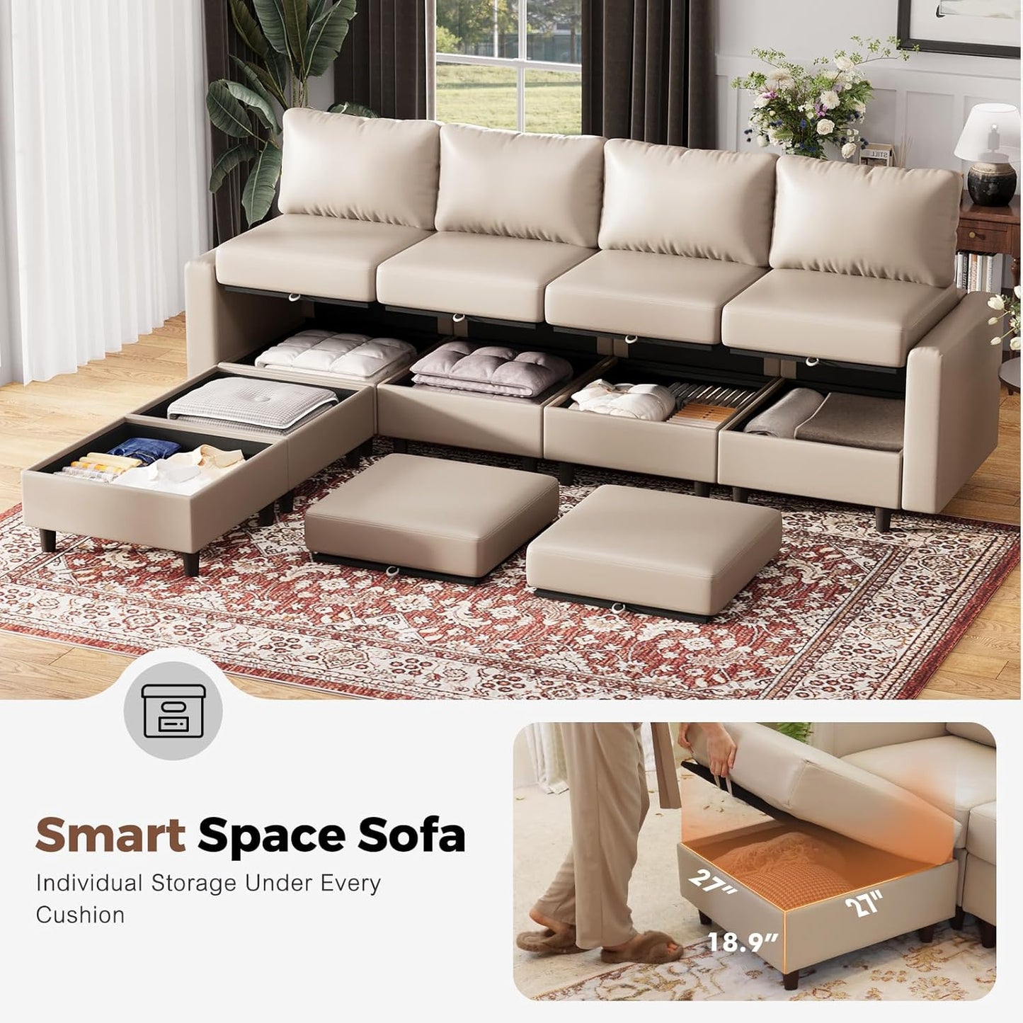 118.5" Faux Leather Modular Sectional Sofa, L Shaped Couch Set for Living Room, 5-Seater Comfy Cloud Couches with Movable Storage Ottoman,DIY Combination - Whitesand