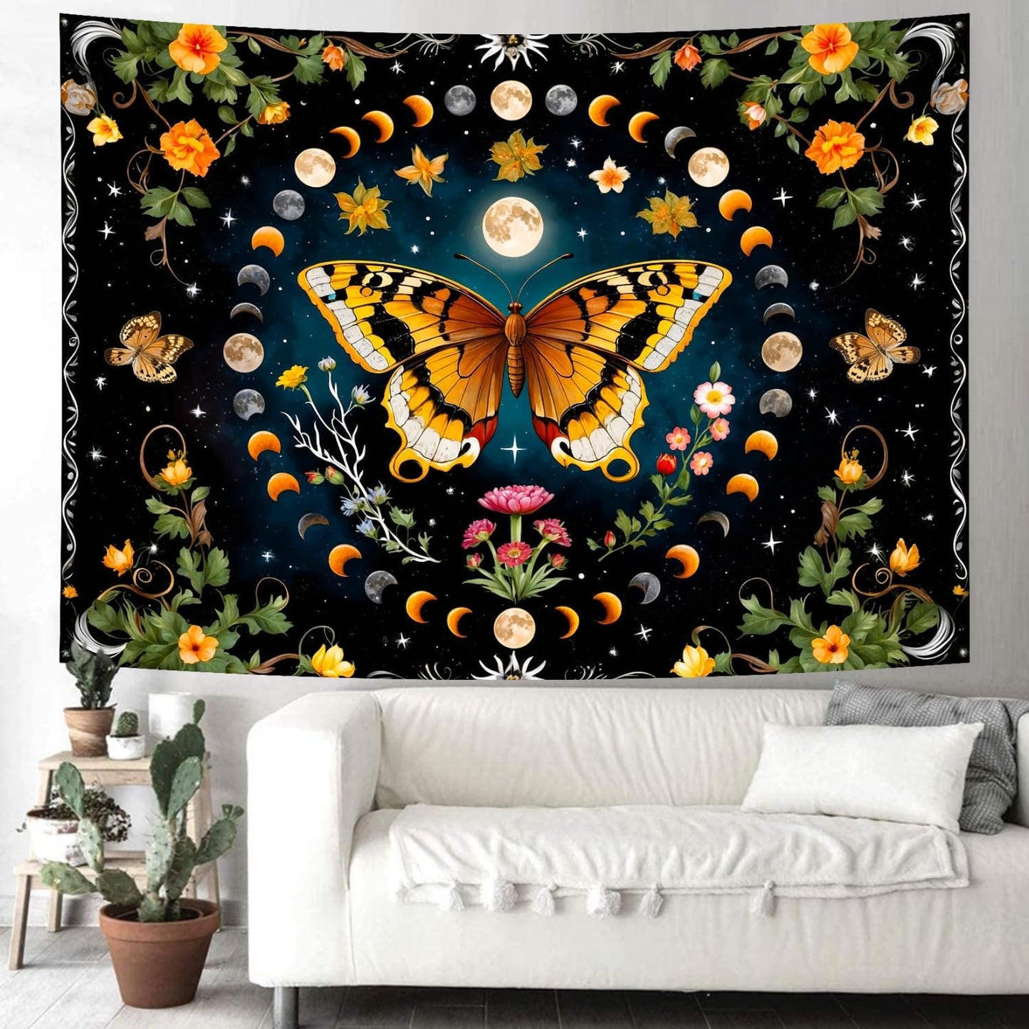 Delur Butterfly Moon Flower Tapestry Botanical Floral Plant Boho Tapestry Wall Hanging Mandala Aesthetic Mushroom Retro Vintage Headboard for Bedroom Living Room Home Decor (70.8" x 92.5")