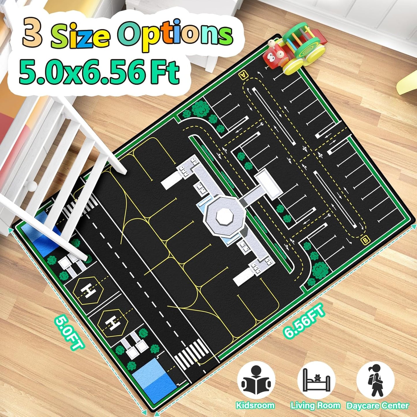 Kids Rug, Road Carpet for Kids with Combined City Road Traffic System, Car Rug and Airport Play Mat, 5x7 Ft Children’s Play Rugs for Playroom, Children’s City Traffic Map Fun Car Mat,Non-Slip