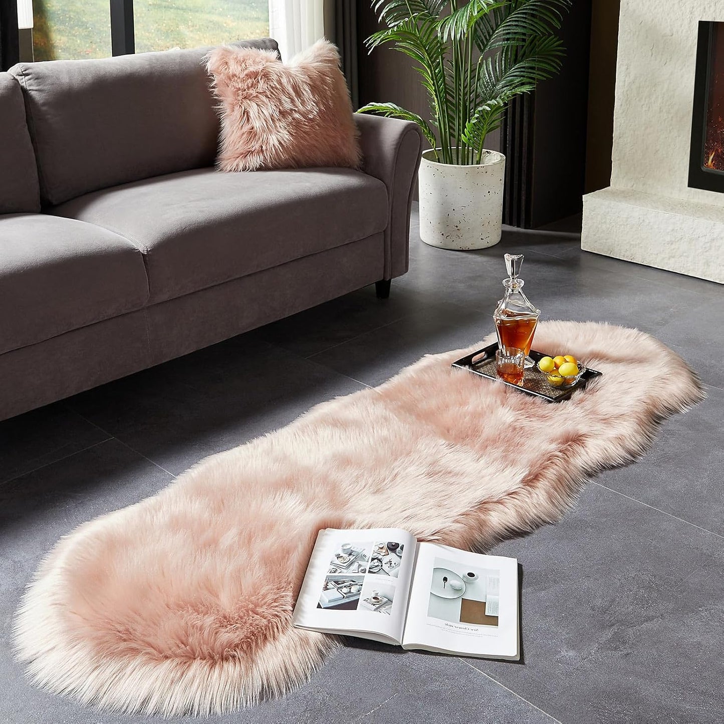 AMTOVO Faux Sheepskin Rug, Pink Ultra Soft Fluffy Shag Area Rug, 2 x 6 ft Faux Fur Rug for Bedroom Sofa Throw Cushion Room Decor, Sheepskin