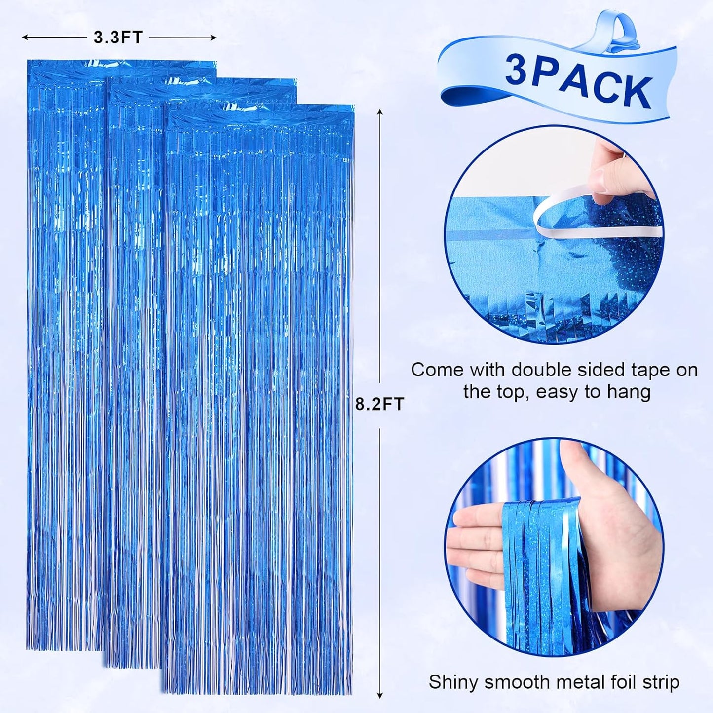 3 Pack 3.3 x 8.2 ft Laser Blue Foil Fringe Backdrop Curtains, Tinsel Streamers Birthday Party Decorations, Fringe Backdrop for Graduation, Baby Shower, Gender Reveal, Disco Party