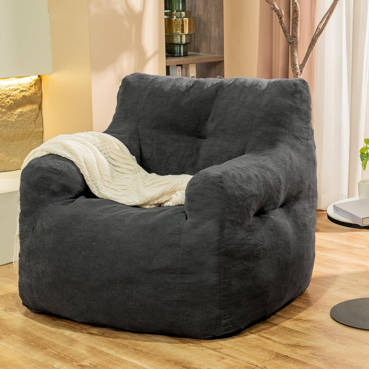 Bean Bag Chairs for Adults Ergonomic Support Reading Floor Sofa Chair with Filler Spacious (Grey) (Large)