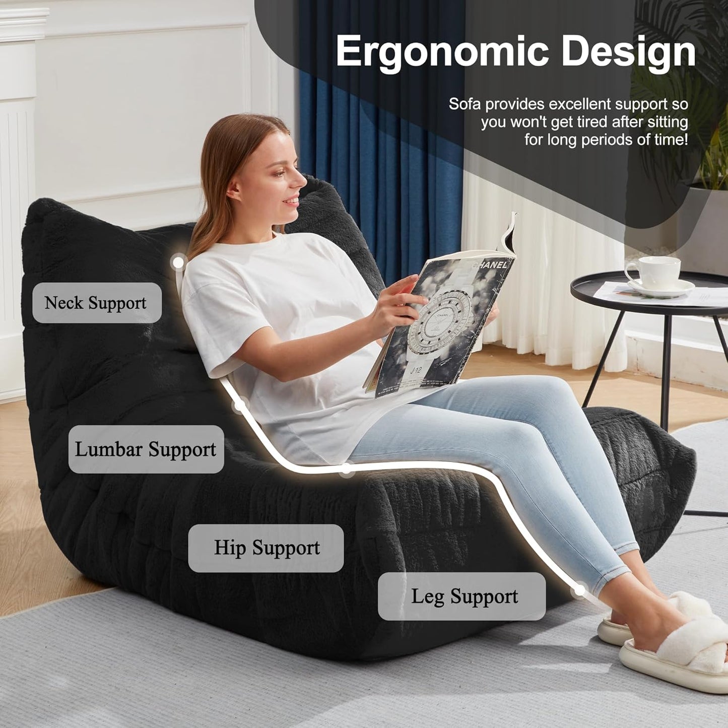 Bean Bag Chairs for Adults Giant Bean Bag Chair Memory Foam BeanBag Chair Big Bean Bag Sofa with Filler Faux Fur Fireside Beanbags Lazy Sofa for Living Room Bedroom Dorm Office (Black Plush)