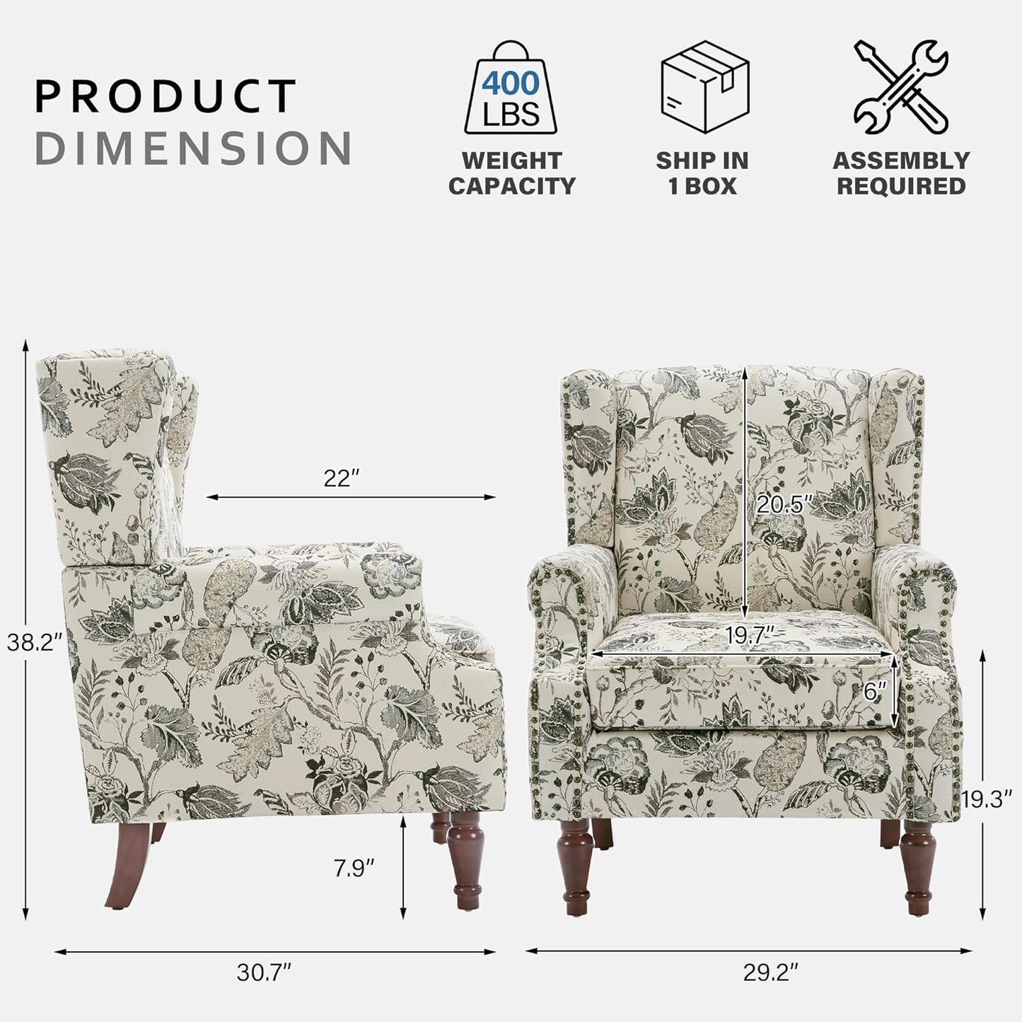 Lumibee Wingback Accent Chair,High Back Floral Armchairs in Fabric,Comfy Upholstered Reading Single Sofa Chair with Solid Wood Legs for Living Room,Bedroom,Office-Plants Beige