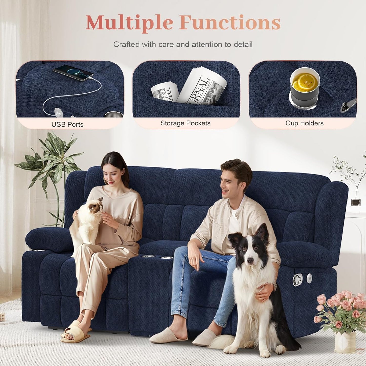 Recliner Sofa Set with 2+1 Pieces, Fabric Manual Pull Tab Reclining Loveseat with Storage Console, Single Recliner Chair for Living Room, RV, Blue