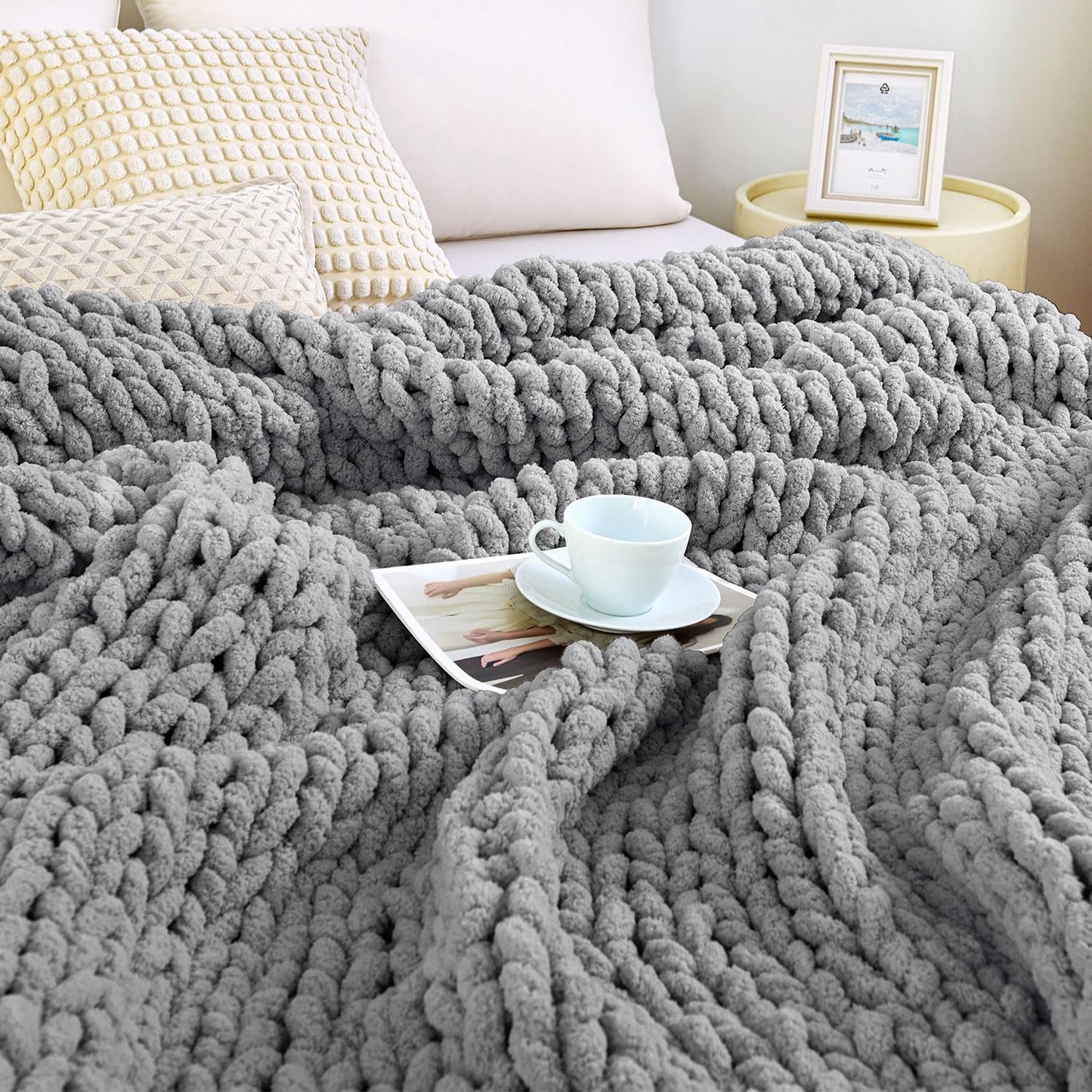 Admitrack Chunky Knit Blanket Throw, 100% Hand Knit Chenille Throw Blanket for Sofa & Home Decor, Soft and Cozy Knitted Throw Blankets (Dark Gray，51""x63""), XNR08