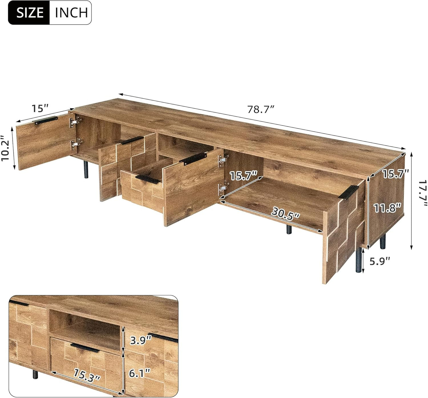 Modern TV Stand for TVs up to 85", Mid-Century Media Console with Checkered Cabinet Doors, Storage Drawers & Open Shelves, Wood Entertainment Center with Metal Legs