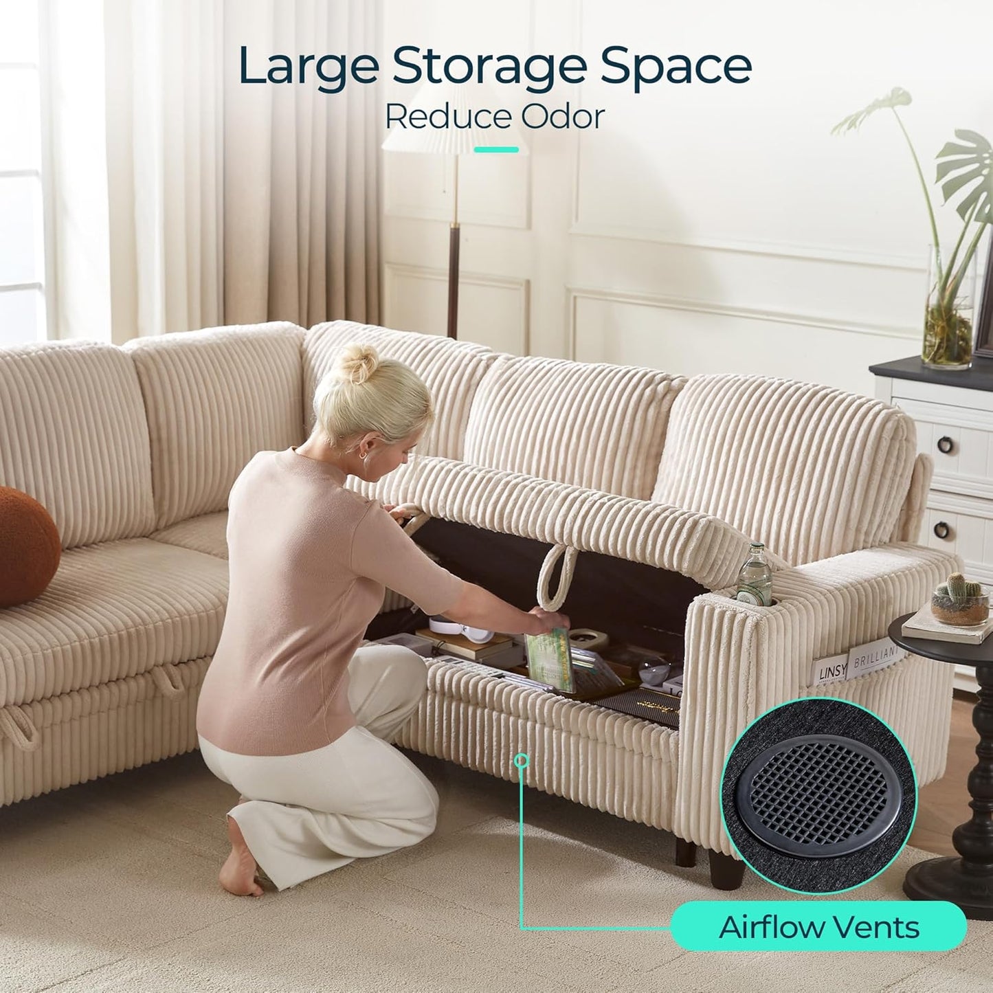 LINSY HOME Sectional Sleeper Sofa with Pull Out Couch Bed - Convertible Plush Corduroy Cloud Couch with Storage Chaise & USB Charging, Comfy Modular Couches for Living Room, Beige