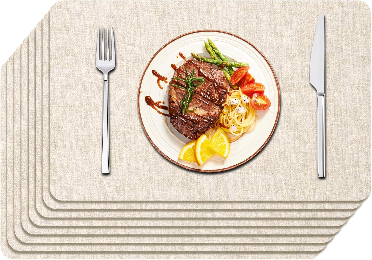 Maxpearl Faux Leather Placemats Set of 8 – Waterproof, Wipe Clean, Heat Resistant, Non-Slip Dining Table Mats for Indoor & Outdoor Use, 17”×12”, Beige
