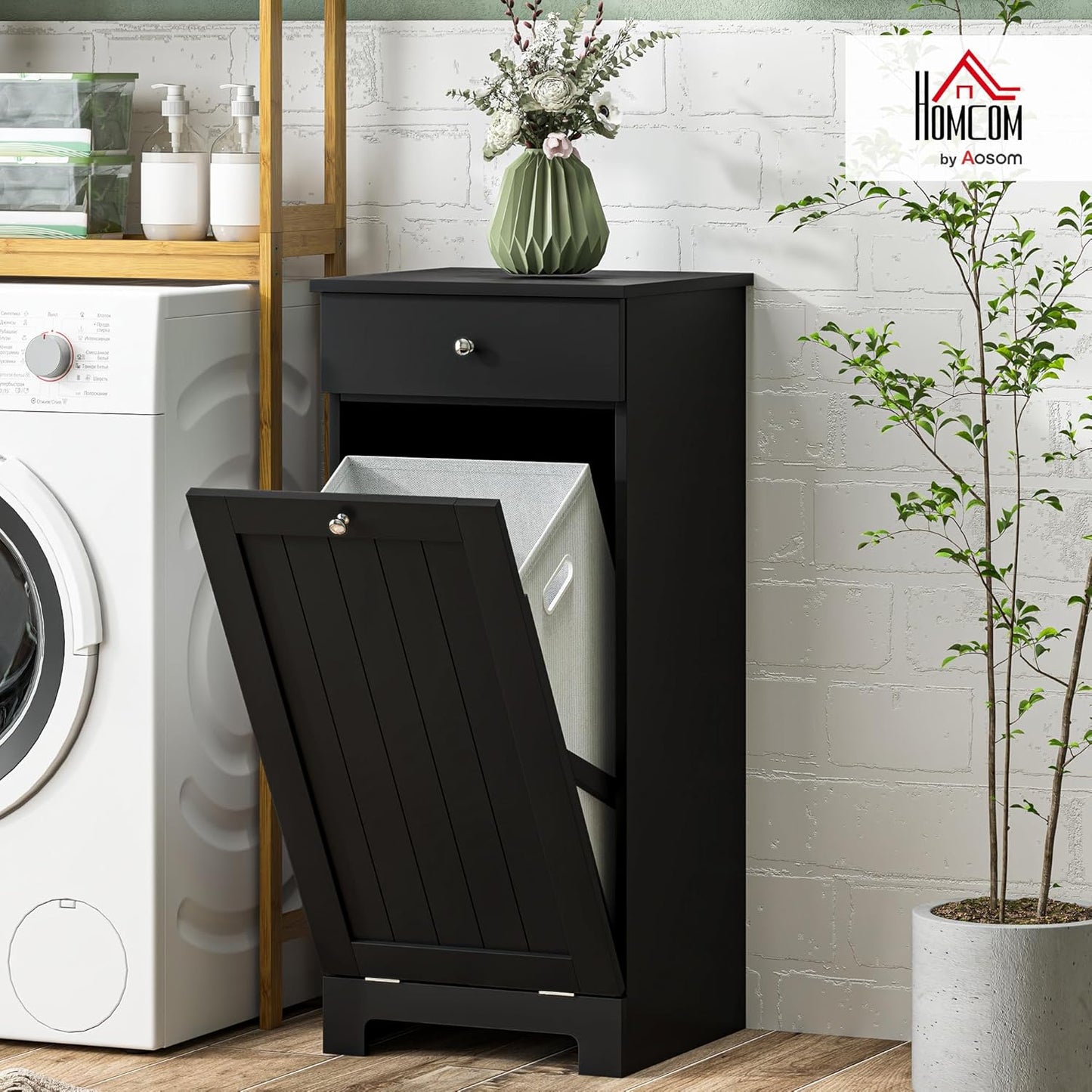 HOMCOM Laundry Hamper with Removable Basket, Tilt Out Hamper with Drawer and Beadboard Door, Bathroom Storage Cabinet, Black