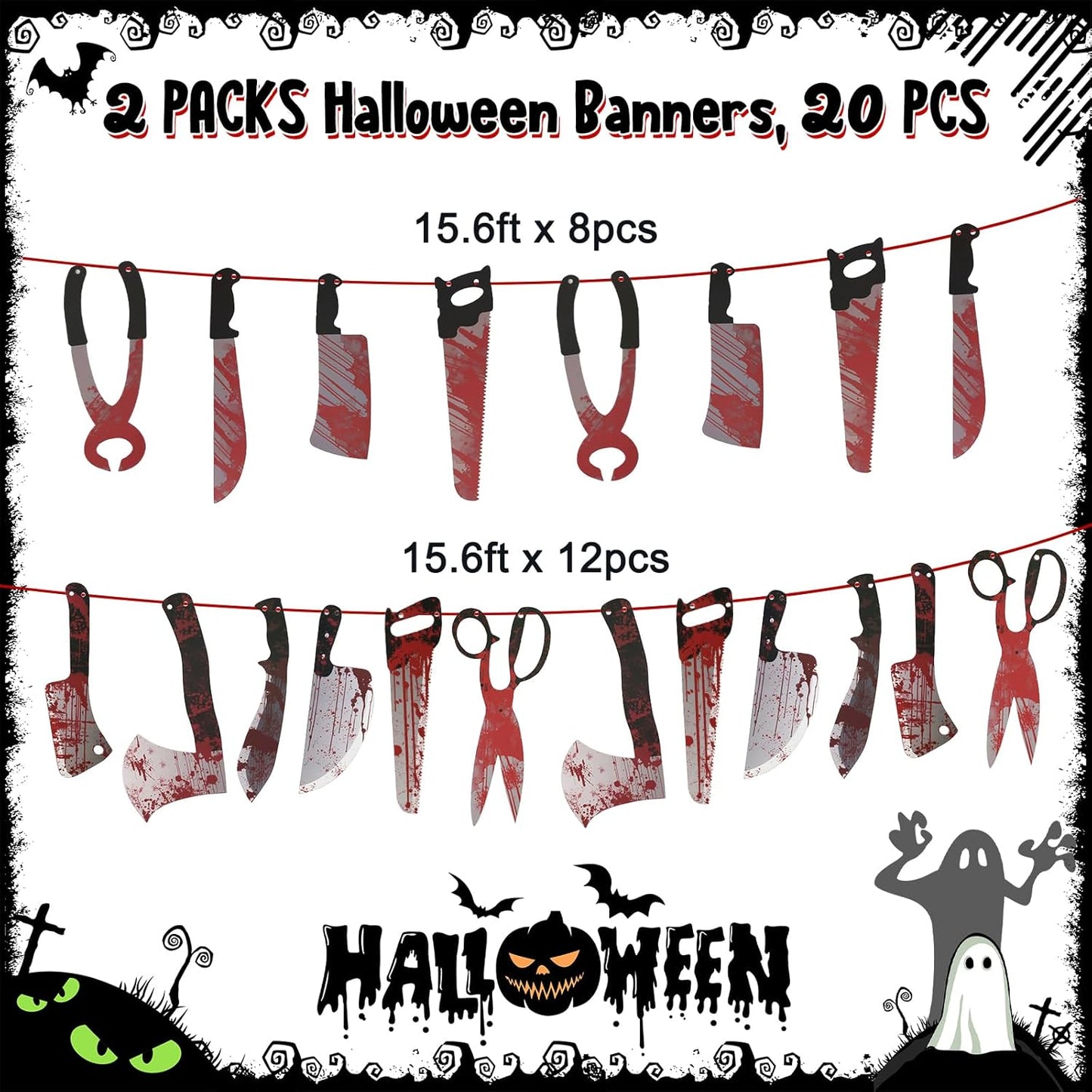 Halloween Decorations, 5 Sheets Wall Decals-Bloody Handprint Stickers, 2 Pack Halloween Banners and 2 PCS Caution Tape Rolls 3inx30ft for Outdoor, Indoor, Party Decor, Haunted Mansion