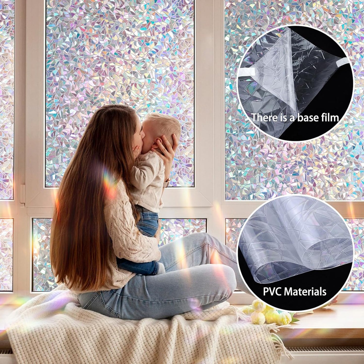 Rainbow Window Privacy Film 3D Decorative Stained Glass Window Film Anti UV Non-Adhesive Reusable 23.6" x 157.4" for Home Room Car Glass Cling