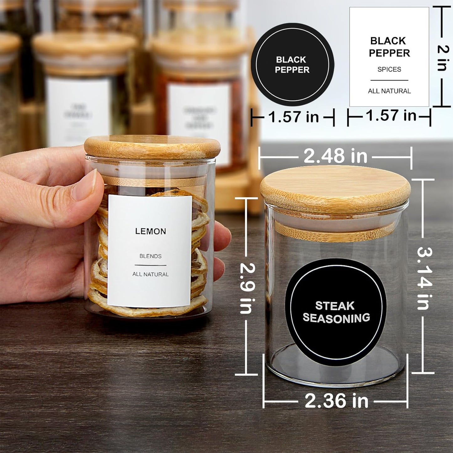 4OZ Glass Spice Jars with Bamboo Lids and 315 Labels, 32 Pcs Clear Food Storage Containers for Kitchen Sugar Salt Coffee Tea Beans