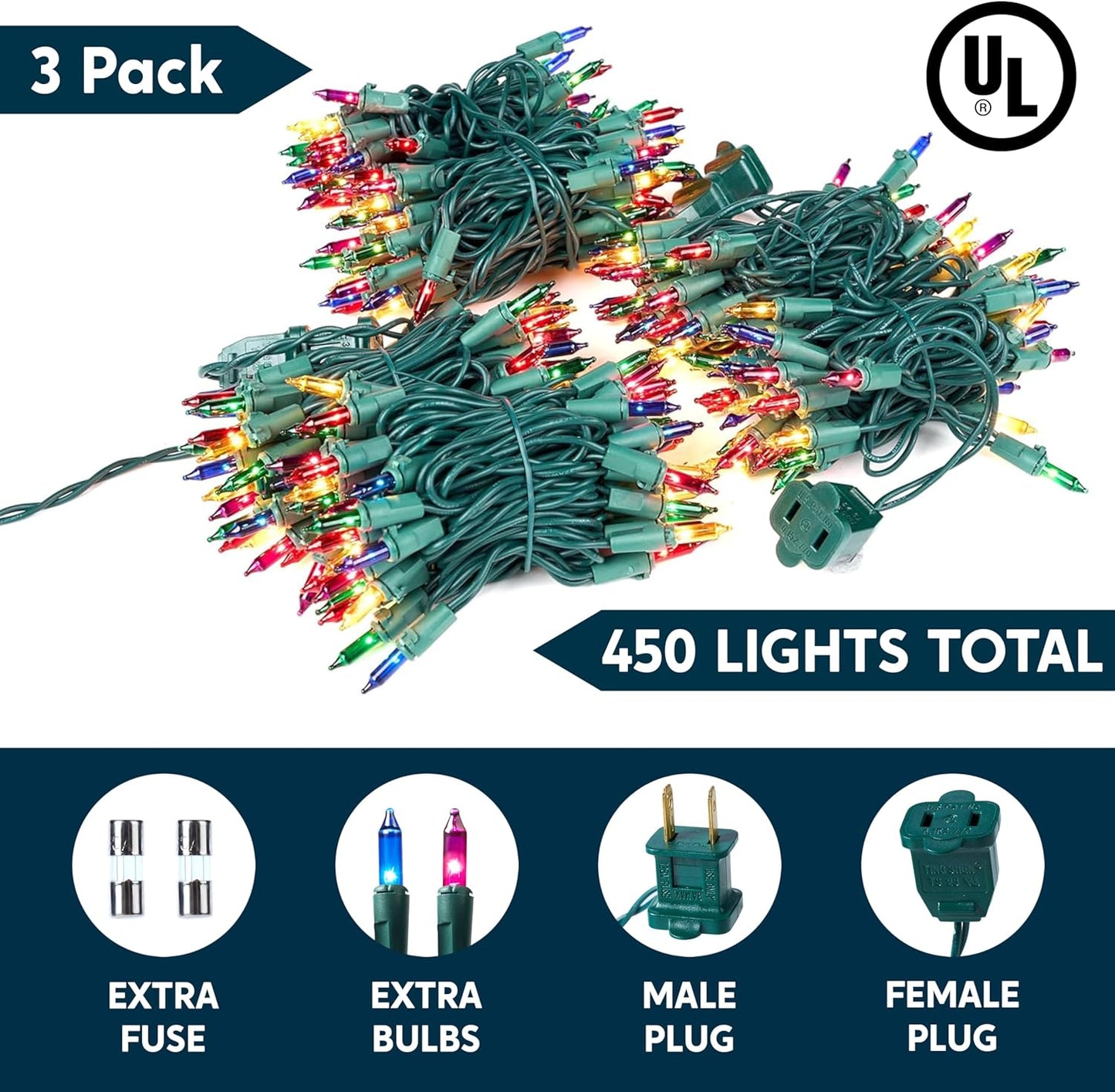 Joiedomi Multicolor Christmas String Lights,450(3x150) 93.6FT Christmas Fairy Tree Lights Plug in for Indoor Outdoor Xmas Decorations Patio Holiday Theme Party Yard House,Green Wire