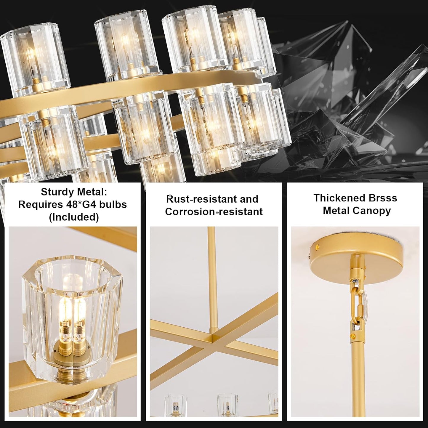 Modern 48 inch Gold Round Chandelier Light Fixture,Crystal Chandeliers for Dining Room,Living Room, Wagon Wheel Chandelier Over Table, Chandeliers for Bedroom,Foyer,G4 Bulbs Included
