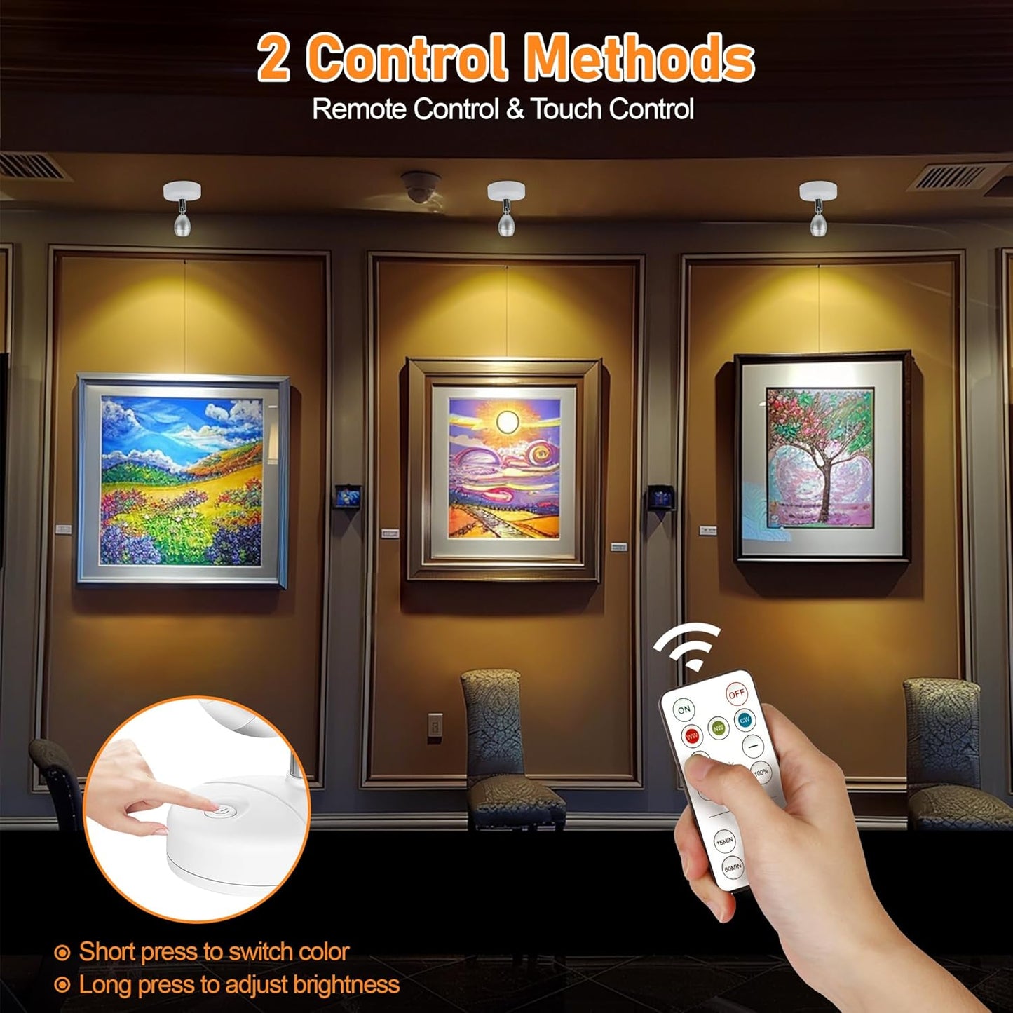 4 Pack Wireless Spot Lights Indoor, Battery Operated Uplighting, Mini Spotlight with Remote 3CCT Tree Lights Indoor, Accent Wall Lights for Display Plant Picture Dartboard