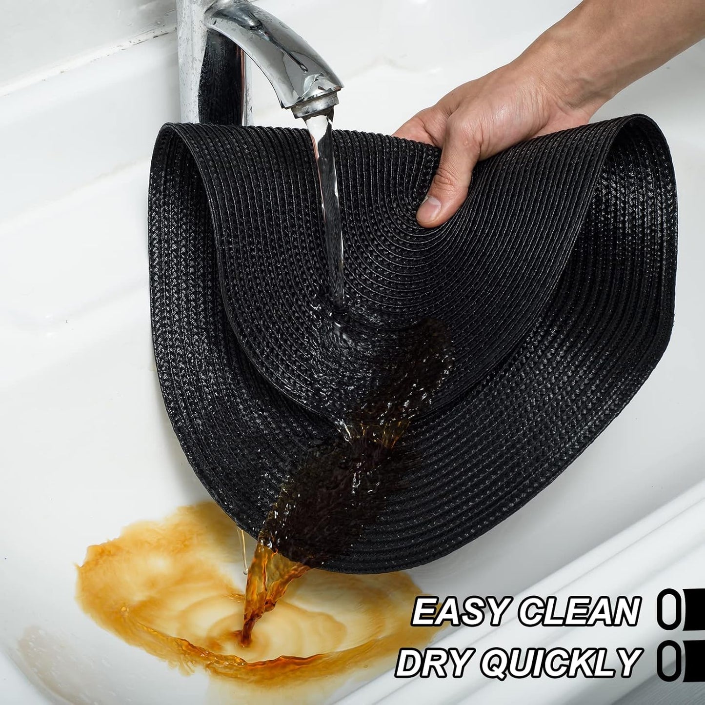 AHHFSMEI Placemats Set of 6 for Dining Table Washable Woven Vinyl Non-Slip 18x12 inches Placemat Heat-Resistant Durable Table Mats for Dining Table Easy to Clean (Oval Black, 6)