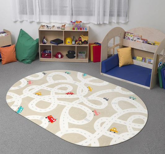 STARUIA Small Kids Rug for Kids Room, 3'x5' Washable Road Rug for Baby Nursery, Non-Slip Car Rugs for Playroom, Tan Traffic Play Mat Soft Fun Rugs for Boys Girls Dorm Toy Room Tent