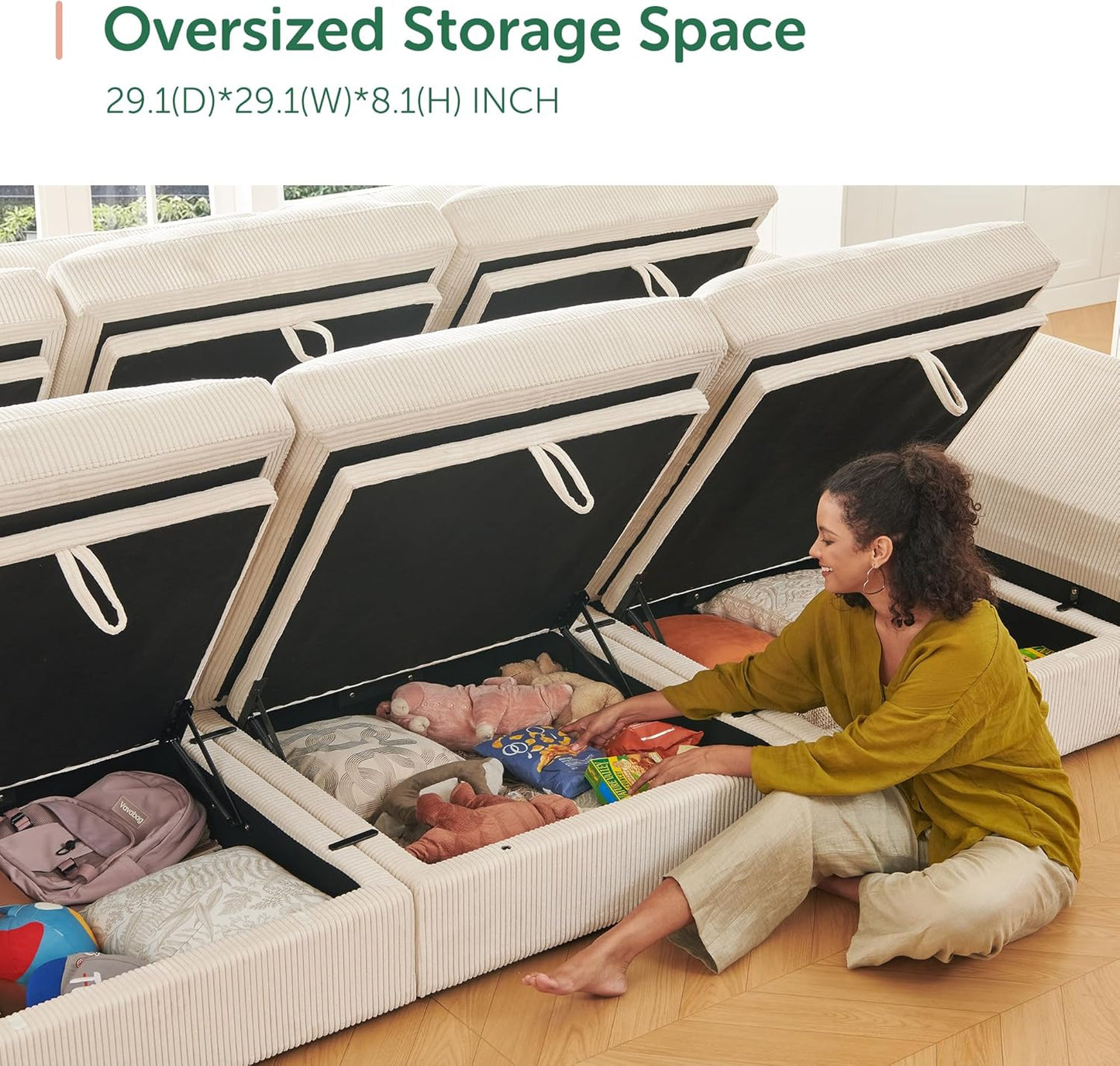 HONBAY Modular Sectional Couches with Storage Corduroy Sleeper Sofa Modular Sectional Couches for Living Room,Beige