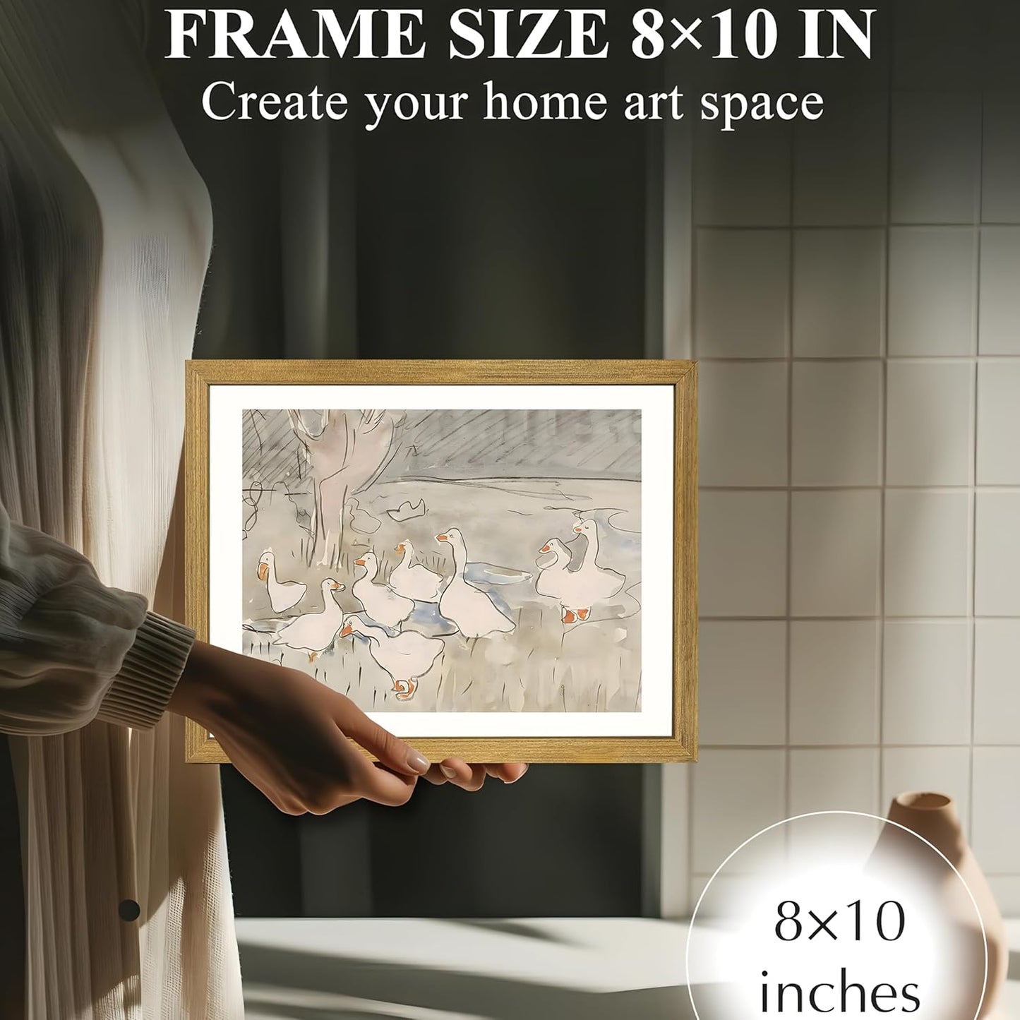 Vintage Framed Goose Wall Art Watercolor Print, Rustic Farm Duck Decor Canvas Painting, Minimalist Pastoral Poster Picture, Country Cottage Wall Decor for Living Room Kitchen Bathroom Bedroom 8x10 in