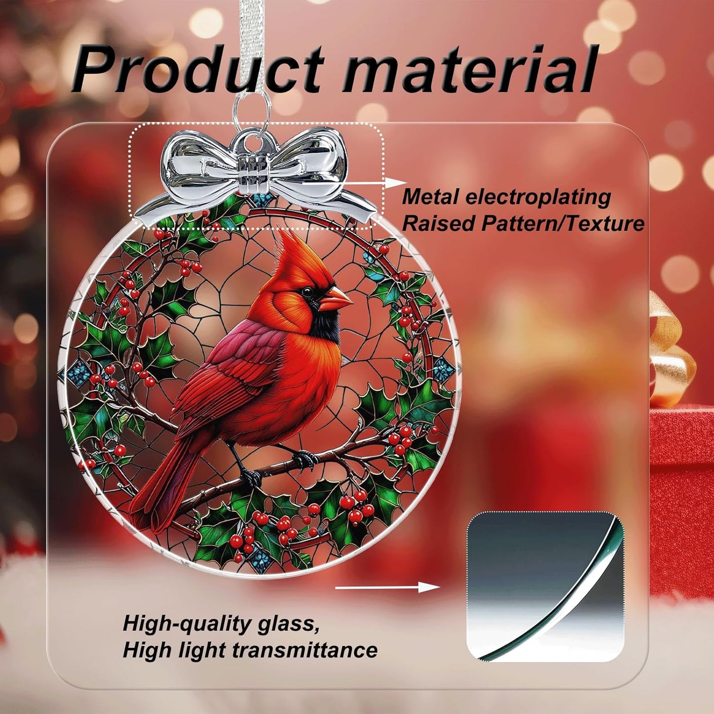 Cardinal Stained Glass Christmas Ornament - Hanging Ornaments for Christmas Tree Decorations - Red Cardinal Memorial Gifts for Loss of Loved One