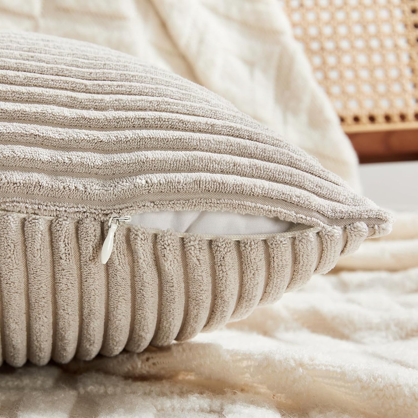 Fancy Homi 2 Packs Neutral Taupe Long Lumbar Decorative Throw Pillow Covers 16x24 Inch for Couch Bed, Rustic Farmhouse Boho Home Decor, Soft Striped Corduroy Rectangle Accent Cushion Case 40x60 cm