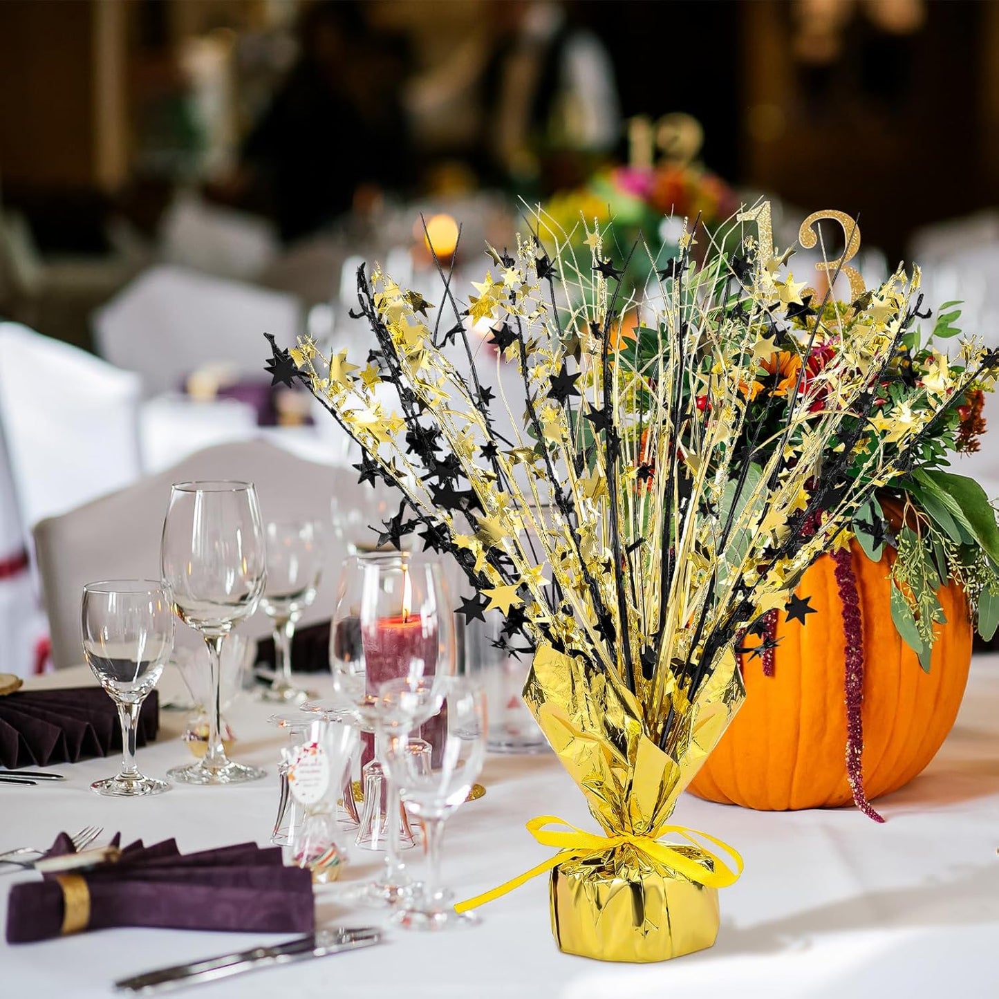 Crowye 18 Pieces Metallic Foil Spray Centerpiece Party Star Table Decoration Burst Metallic Table Centerpieces for Birthday Party Season Holiday (Black Gold)