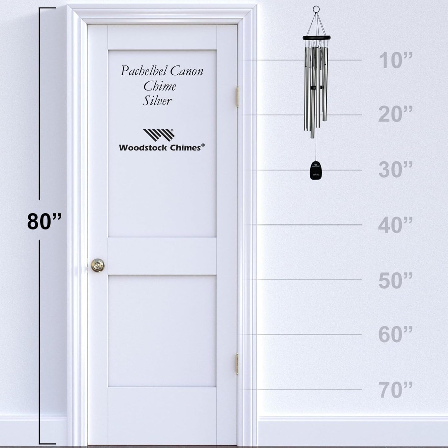 Woodstock Wind Chimes Pachelbel's Canon in D, Silver Aluminum Tubes, Medium 32 - Inch, Deep Toned Windchime for Outdoor Decor for Garden, Patio, Porch