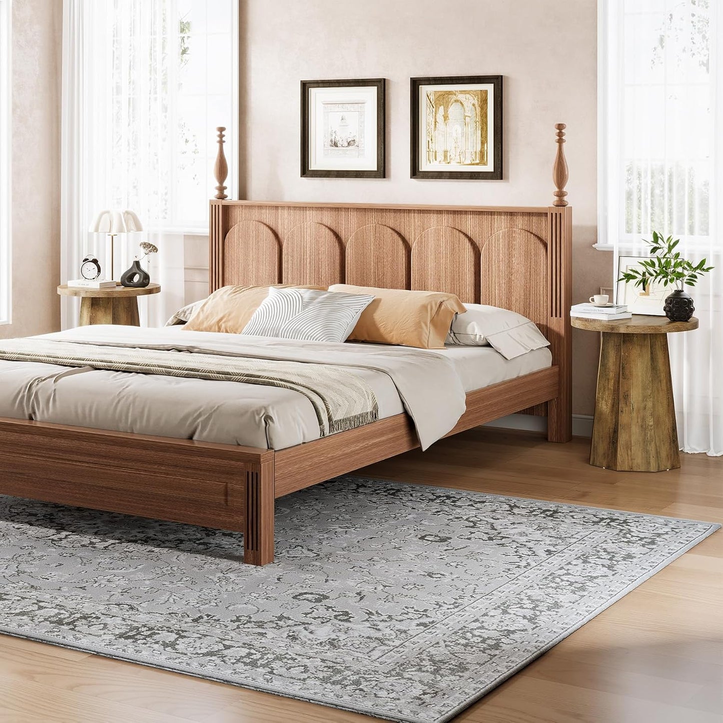 Tribesigns Round Pedestal End Table, Farmhouse Couch Side Table with Octagonal Base, Nightstand Accent Wooden Drink Stand (2, Rustic Brown)