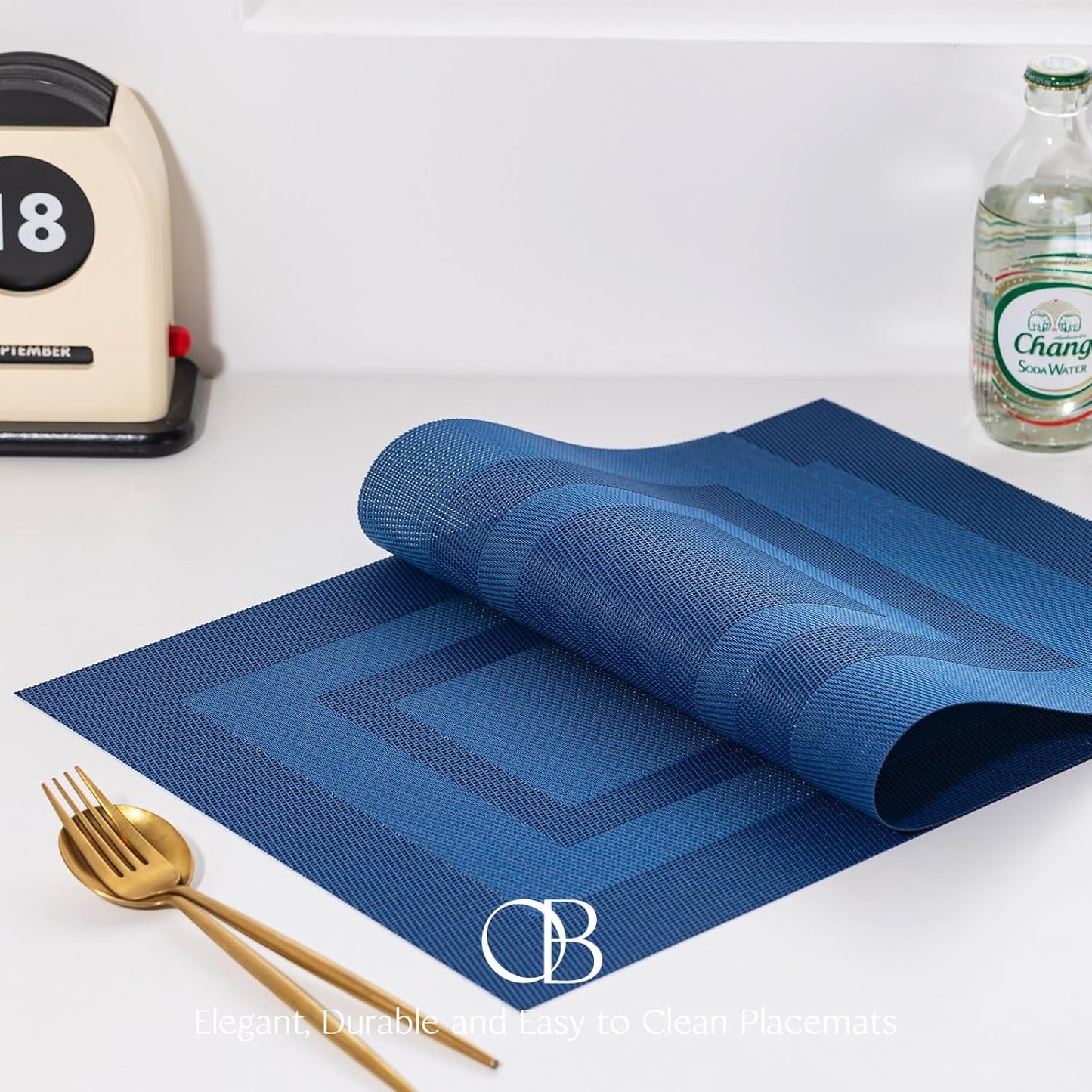 Placemats Set of 6 - Easy Clean Woven Vinyl Placemats for Dining Table, Indoor/Outdoor Place Mats, Washable PVC Table Mats（Navy Cube）