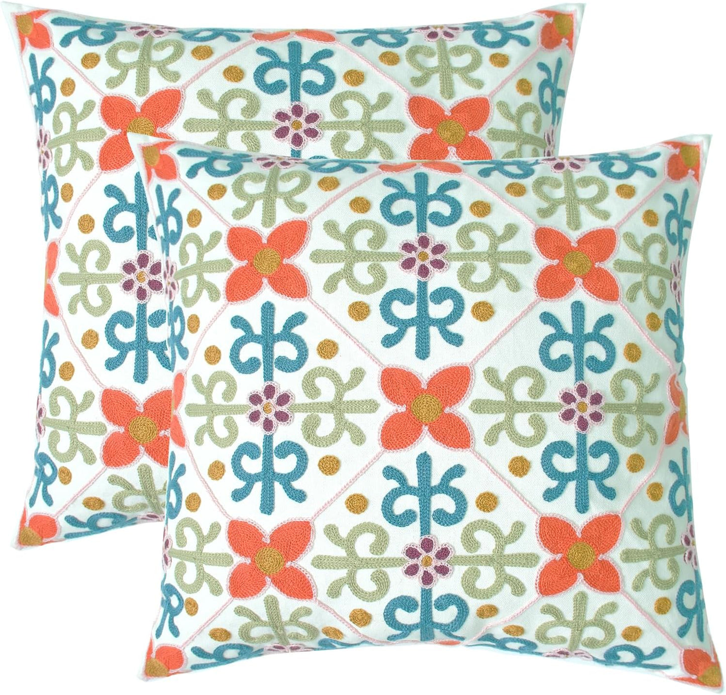 Embroidered Decorative Throw Pillow Cover, 18"x18" Set of 2, Farmhouse Pillowcase Colorful Flower Knit Pattern Cotton Canvas Cushion Case Square Floral Pillow Case for Sofa Couch Bed Living Room